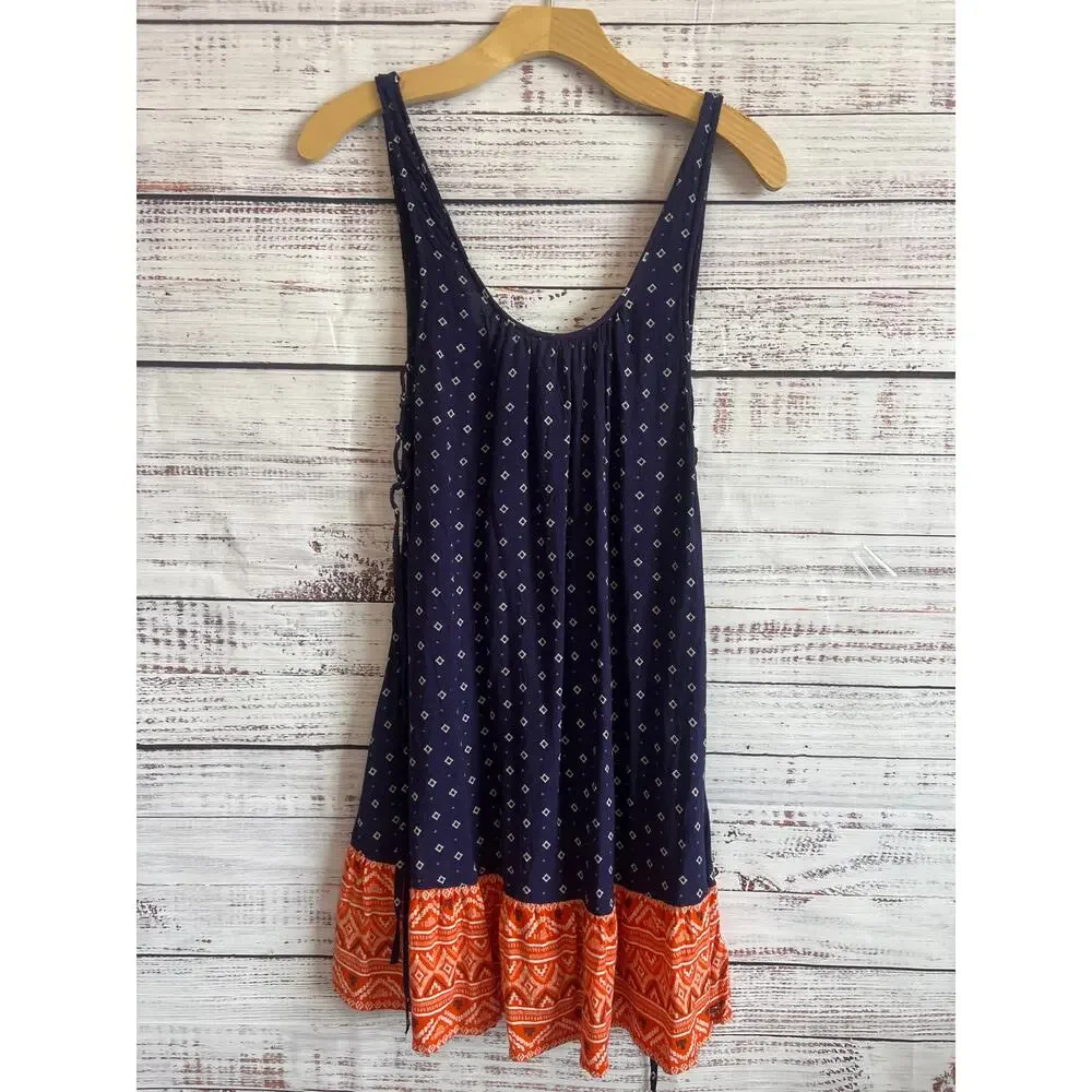 ROXY Shadow Play Tank Sundress flowy navy blue batik-style print coral hem S - Picture 2 of 12